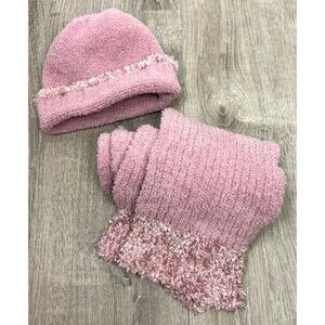 Beanie‎ Scarf Gloves Set Pink Cozy Hat Knit Cap Warm Plush Cottage Coastal Chic